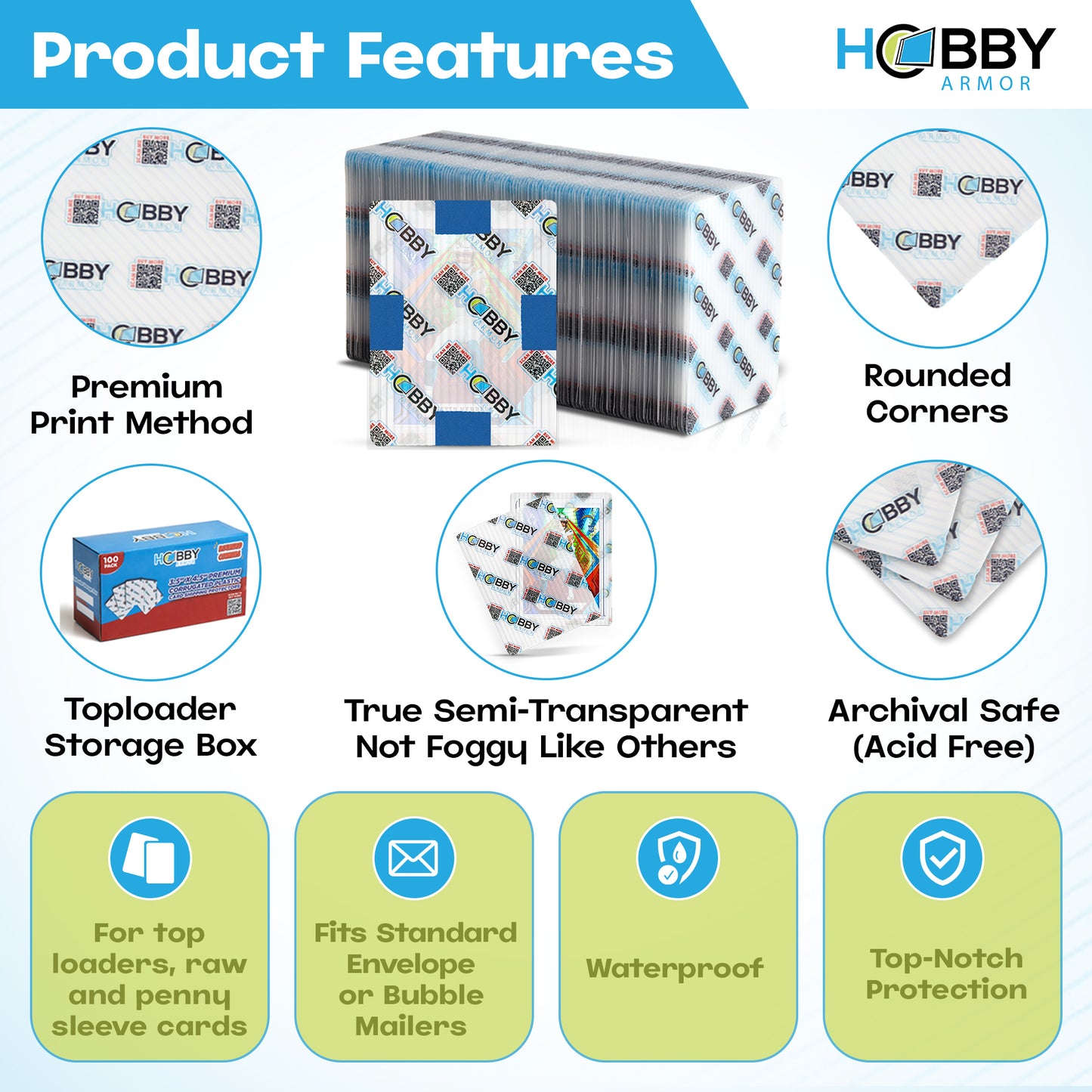 Hobby Armor Premium Plastic Card Shipping Protectors - 3.5" x 4.5" - 100 Pack with Card Storage Box
