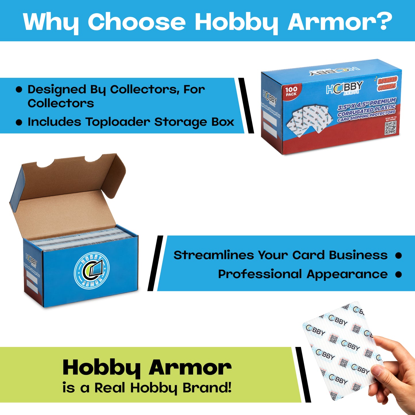 Hobby Armor Premium Plastic Card Shipping Protectors - 3.5" x 4.5" - 100 Pack with Card Storage Box