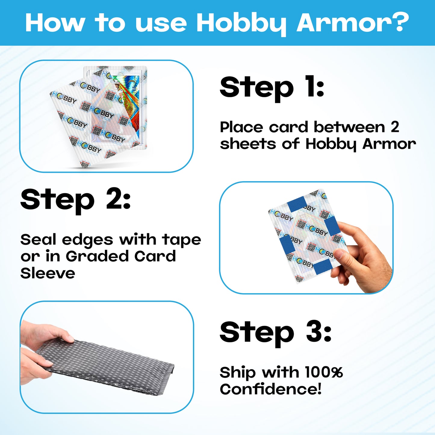 Hobby Armor Premium Plastic Card Shipping Protectors - 3.5" x 4.5" - 100 Pack with Card Storage Box