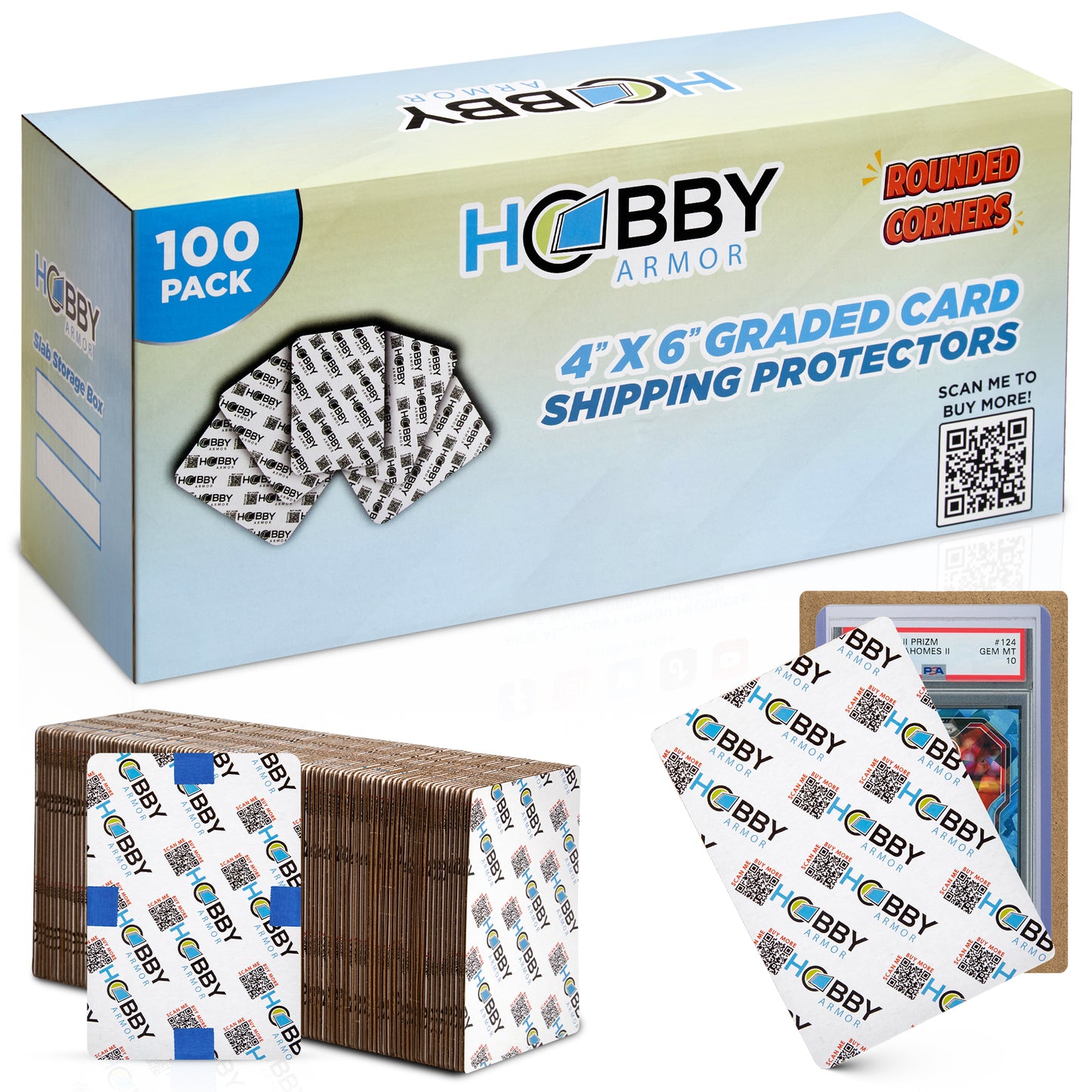 Hobby Armor Premium Cardboard Graded Card Shipping Protectors - 4" x 6" - 100 Pack with Slab Storage Box