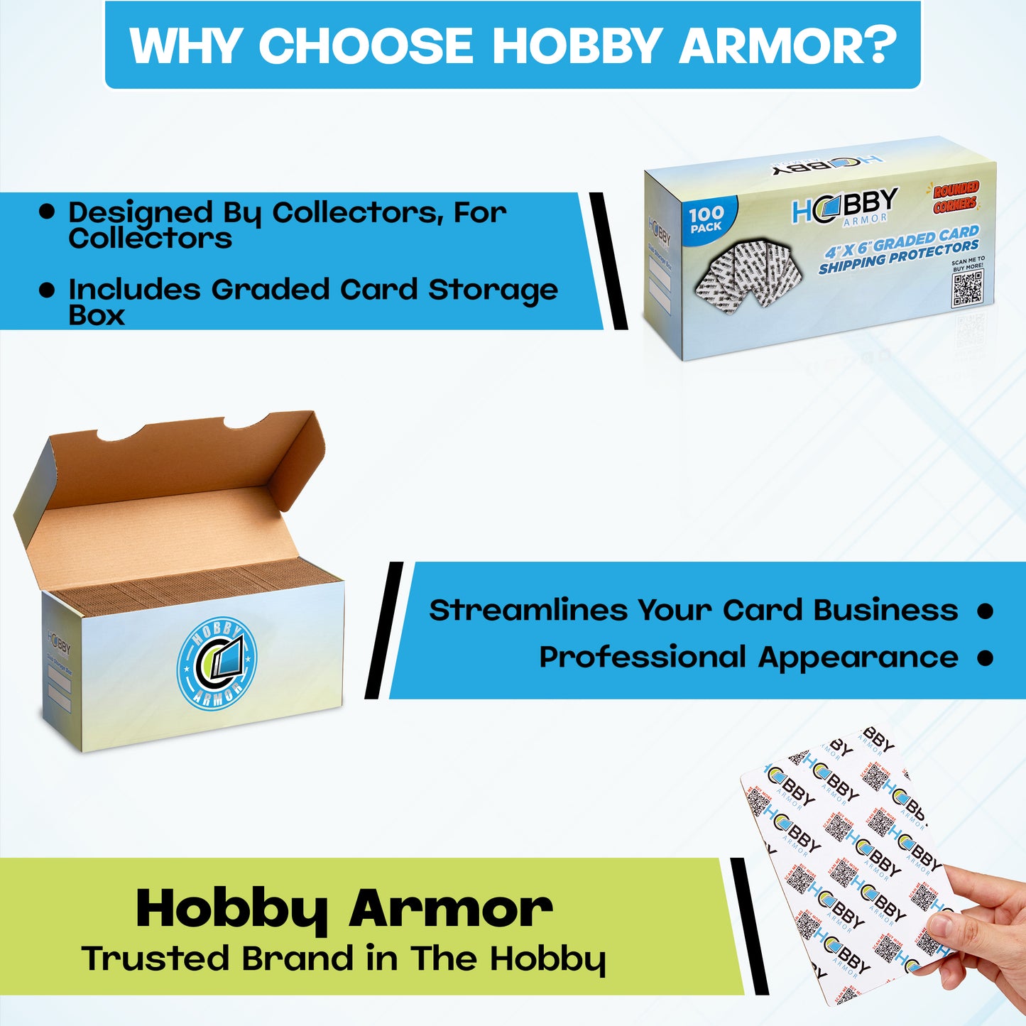 Hobby Armor Premium Cardboard Graded Card Shipping Protectors - 4" x 6" - 100 Pack with Slab Storage Box