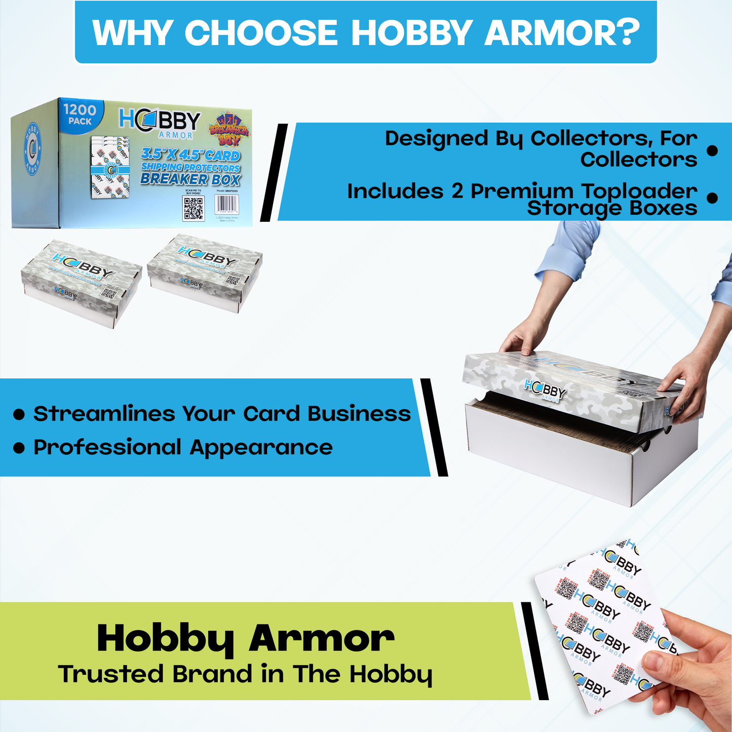 Hobby Armor Breaker Box - Premium Cardboard Card Shipping Protectors - 3.5" x 4.5" - 1200 Units & 2 Card Storage Boxes